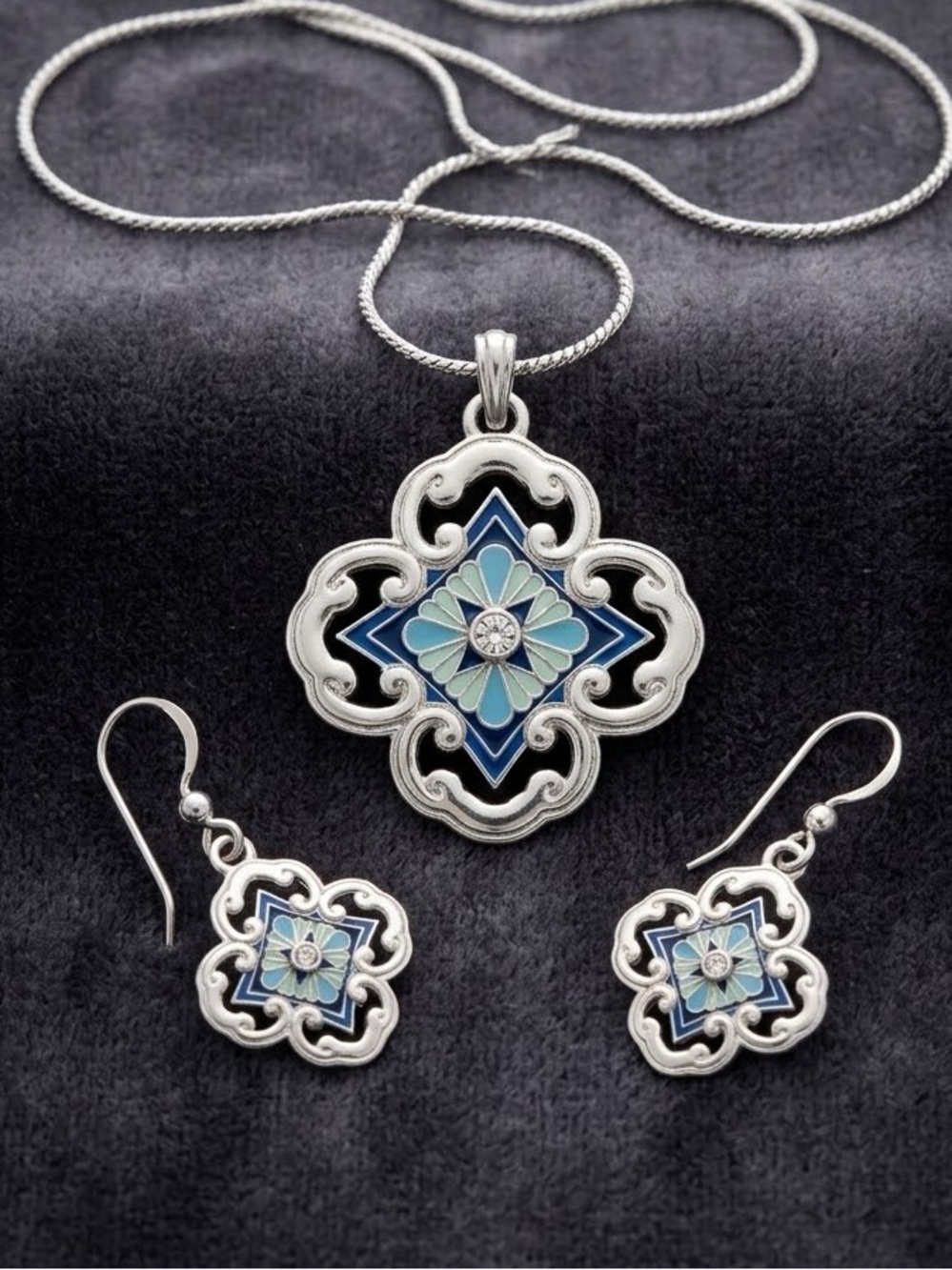 Brighton Blue Enamel Scroll Pendant Necklace and Earrings Set
